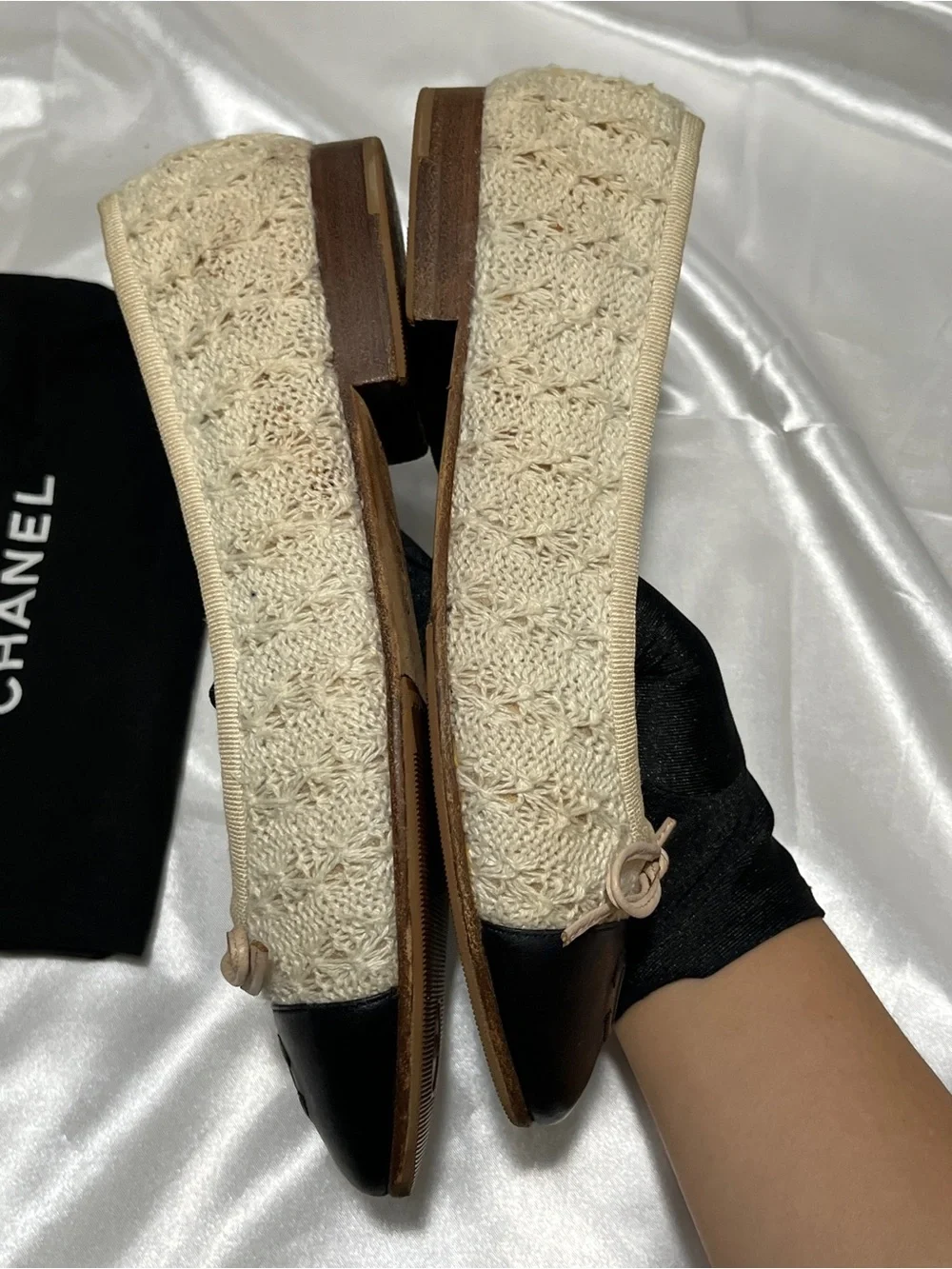 CHANEL Beige Tweed Flats with Black Cap Toe and Bow